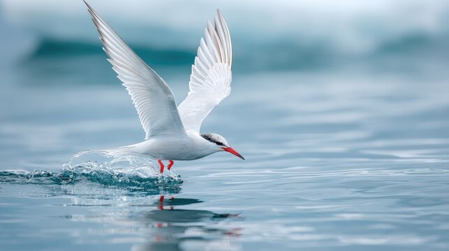 Elegant tern in flight over tranquil waters showcasing striking white feathers and vivid red beak while splashing droplets