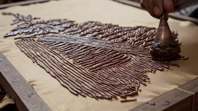 Artisan hand applying wax for traditional batik craft and culture
