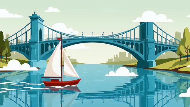 Blue suspension bridge over river with urban skyline illustration