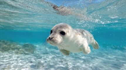 Obraz premium Playful Seal Swimming Under Crystal Clear Water in a Vibrant Marine Environment