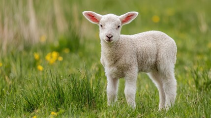 Fototapeta premium Adorable Young Lamb Standing Gracefully in Lush Green Grass with Bright Yellow Wildflowers in Background