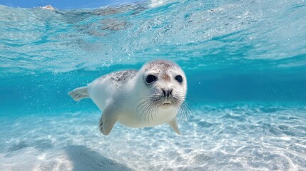 Obraz premium Curious Seal Swimming Underwater in Crystal Clear Ocean with Sandy Bottom and Bright Blue Waves