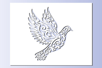 Obraz premium Flying dove bird ornate silhouette laser cut . Easter Christian, Symbol of peace freedom vector illustration for cnc design