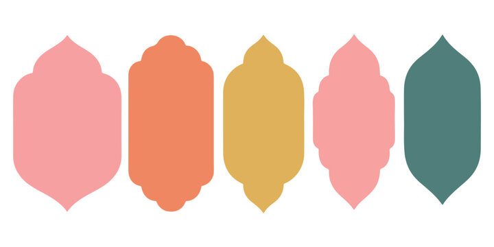 Old mosque windows shape in oriental style. Islamic door set, flat arabic frames or arabian arches silhouette. Muslim architecture geometric design elements, moroccan minimal arcs. Ramadan kareem gate