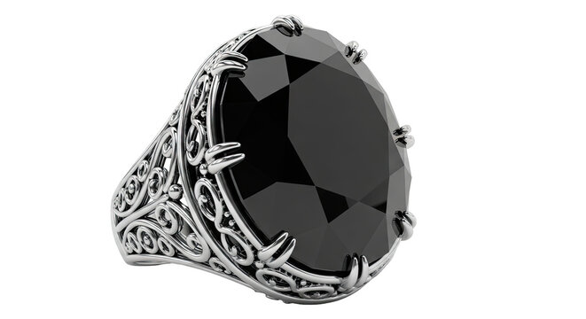 Ornate Silver Ring with Large Oval Black Gemstone