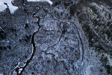 Aerial View of a Beautiful Snow-Covered Forest and Winding River in Winter