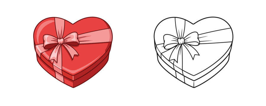 Red heart shaped gift box with pink ribbon bow and black outline version in cartoon style representing chocolate packaging and valentines day on a white background
