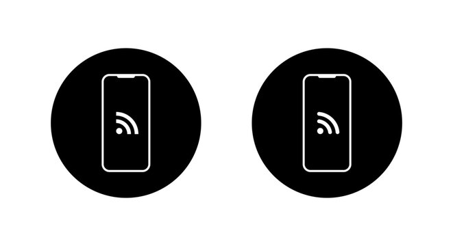 RSS feed on smartphone icon in black circle. Internet syndication symbol in mobile phone screen