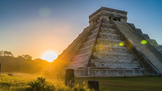 Ancient Mayan Pyramid of Kukulcan at Chichen Itza during a beautiful sunrise in Mexico.