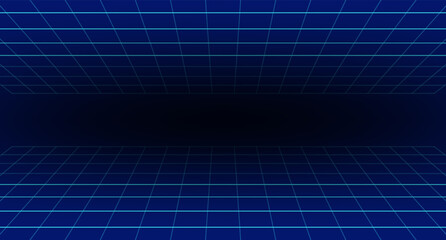 Futuristic neon grid background with a dark center. Retro 80s cyber aesthetic, perfect for technology, gaming, and digital themes. vector Eps 10