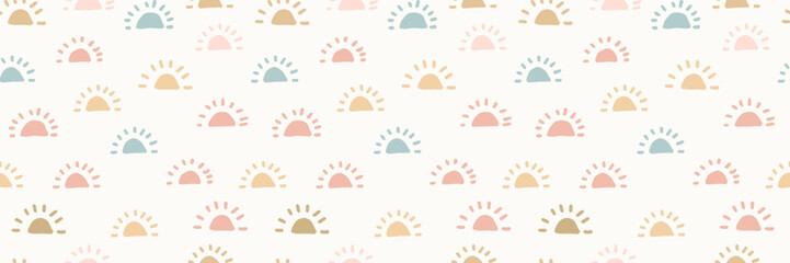 Boho crescent sun stars geometric celestial vector seamless pattern. Bohemian baby abstract child print in trendy gender neutral colours for childish fabric and nursery decor