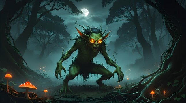 Dark fantasy illustration of a menacing Tiyanak creature with glowing eyes, lurking in an eerie, moonlit forest among glowing mushrooms, evoking a terrifying mythical atmosphere.