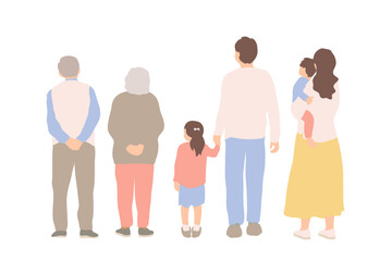 三世代家族が並んで立つ後ろ姿のイラスト