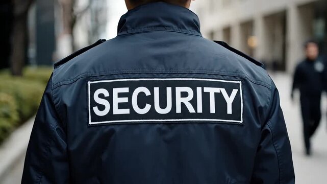 Close-up view of a security guard's back walking down a city street, professional protection and surveillance. 4k video