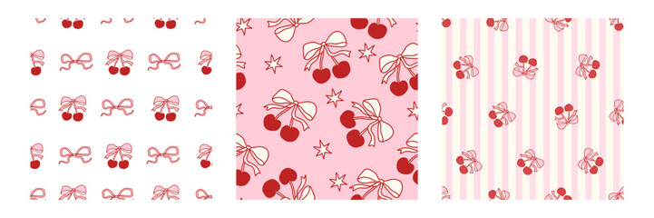 Coquette seamless pattern set with hand drawn bows and cherries, cute red line doodles on pink and striped backgrounds, girly romantic aesthetic, playful feminine design for wrapping, wallpaper
