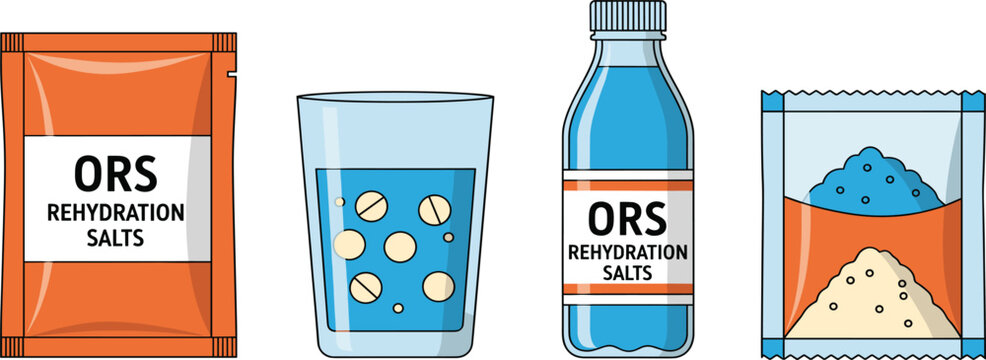 ORS Rehydration Salts Set with Packet Bottle Powder and Glass Isolated on White Background Flat Vector Illustration