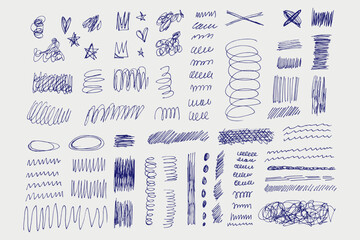 Hand-drawn blue pen doodles and scribbles collection on light background. Abstract lines, stars, hearts, spirals, hatching and messy sketches. Creative elements for design, notes, education concepts.