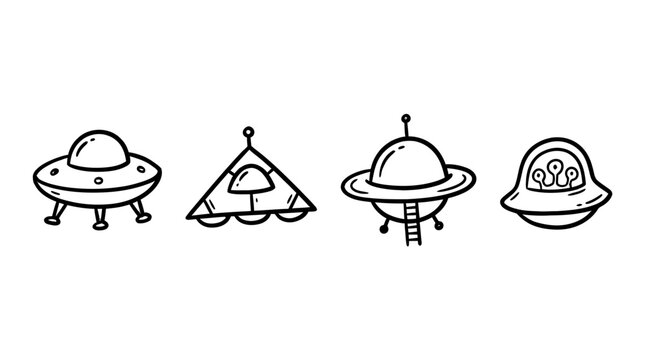 alien spaceship ufo , 4 cute black Hand drawn line art cartoon vector, white background. PNG and SVG