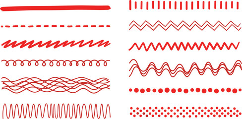 Collection of red decorative line patterns and elements in various styles and designs