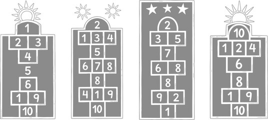 Illustration of four grey numbered hopscotch courts with varied numerical sequences outdoors in daylight