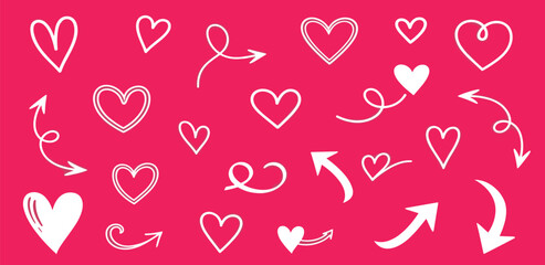 Collection of White Hearts and Arrows on Pink Background Illustration