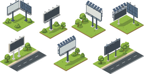 Billboards with blank advertisements standing beside a road surrounded by green grass and trees from a front viewpoint