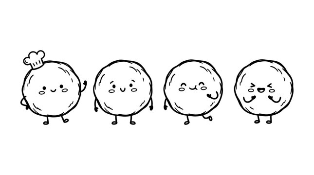meatballs , 4 cute black Hand drawn line art cartoon vector, white background. PNG and SVG