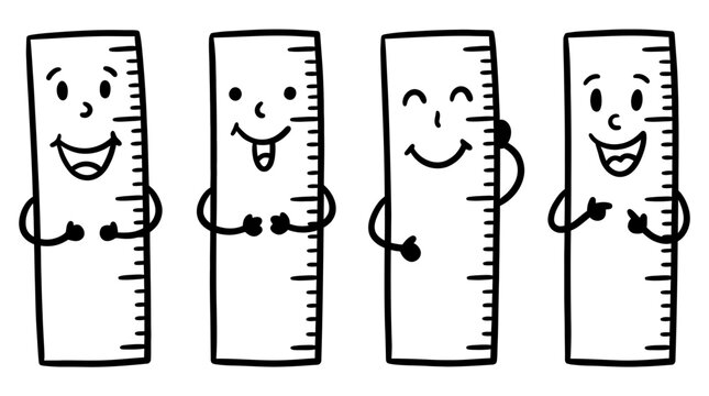 ruler , 4 cute black Hand drawn line art cartoon vector, white background. PNG and SVG