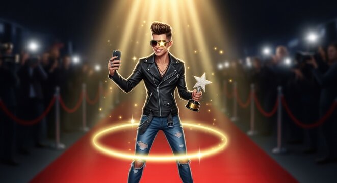 Celebrity in spotlight holds award on red carpet taking selfie