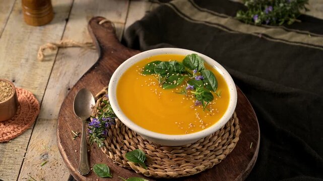 Creamy Butternut Squash Soup with Spinach Garnish on Rustic Wooden Table