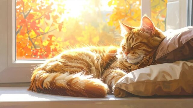 A ginger cat lounges on a window sill, sleeping in the sunlight with fall foliage in view