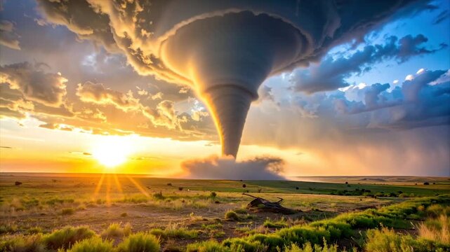 A massive tornado descends over a green landscape at sunset, with dramatic cloud formations