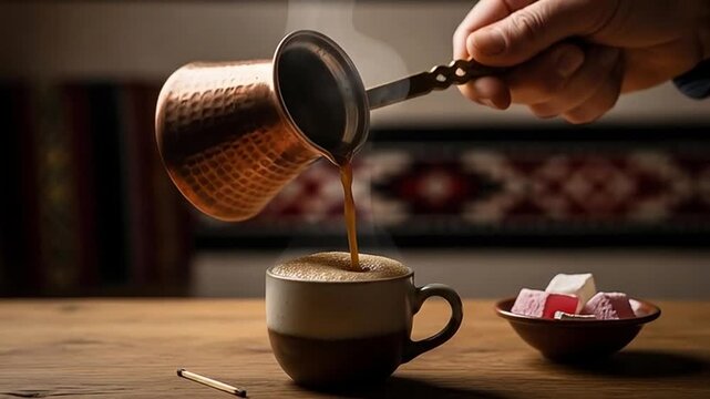 Brewing Ritual: A hand pours rich, steaming coffee from a copper pot into a ceramic mug, alongside a dish of Turkish delight and a matchstick. Evoking moments of indulgence and relaxation.
