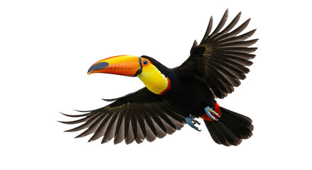 Vibrant Toucan Bird Flying Bright Orange Beak Brown Background
