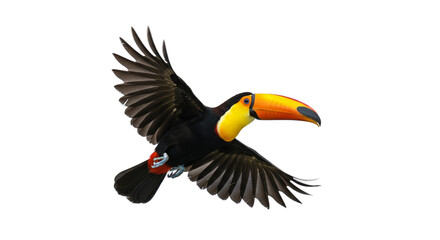 Vibrant Toucan Bird Flying Isolated Realistic Photo With Orange Yellow Beak