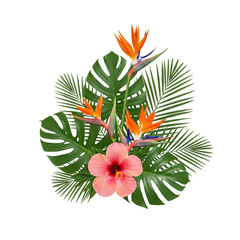 Vibrant Tropical Flower Arrangement with Monstera Leaves and Bird of Paradise PNG