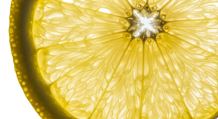 Vibrant Yellow Lemon Slice Backlit with Water Droplets Isolated on Transparent Background