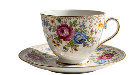 Vintage Floral Tea Cup and Saucer Golden Trim Realistic Photo