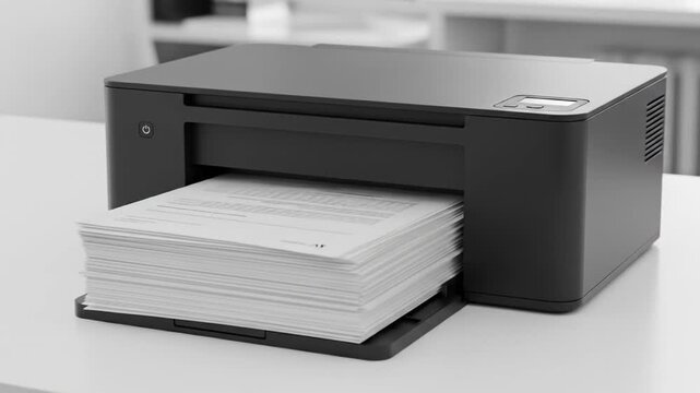 Black and white printer with a stack of paper on a table.