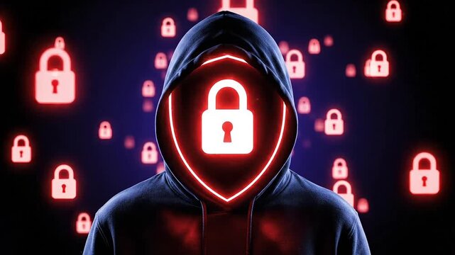 Anonymous hacker in hoodie with glowing padlock face surrounded by red security icons, symbolizing cybercrime and data protection 4k video