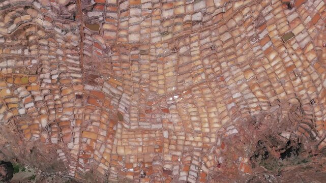 Aerial View of Maras Salt Mines in Peru, Highlighting Unique Terraced Pools