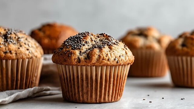 Delicious muffins with sesame seeds and poppy seeds displayed on a clean white surface from a close-up viewpoint