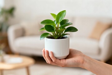 Obraz premium Generative AI depicting a lush green houseplant held with care visually appealing interior decor
