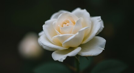 Close-up of a Delicate, Creamy White Rose in Dark Background.