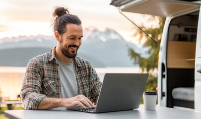 A man freelancer sits at table and works on his laptop near a travel van in the backdrop of beautiful nature during his weekend in the wilderness. Remote work during a trip.