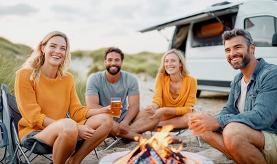 A group friends of men and women are sitting on camping chairs around a burning fire, having fun and drinking beer together in nature on a blurred background of travel van.