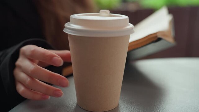 coffee cup and book on table, young woman reading and reaching for cardboard cup in cozy indoor cafe with soft bokeh light, warm steam rising from lid, textured table surface and relaxed study mood.