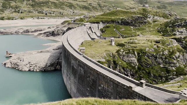 Montespluga Lake dam wall detail - Alpine landscape and drought in Italy