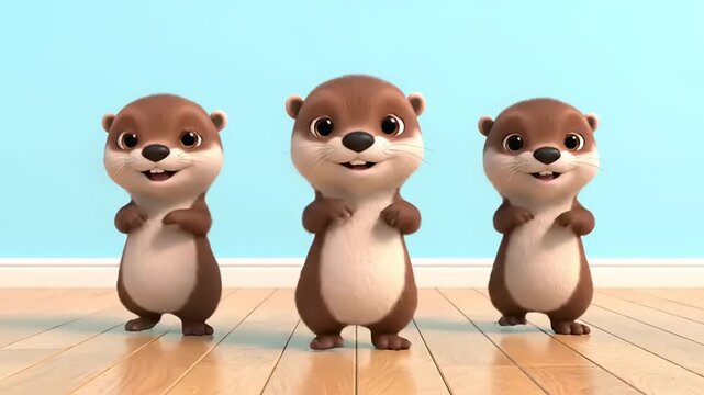 Animated Trio Happy Otters Dancing in Harmony on Wood Floor against Pale Blue Backdrop, Adorable and Playful, Perfect for Children's Projects and More