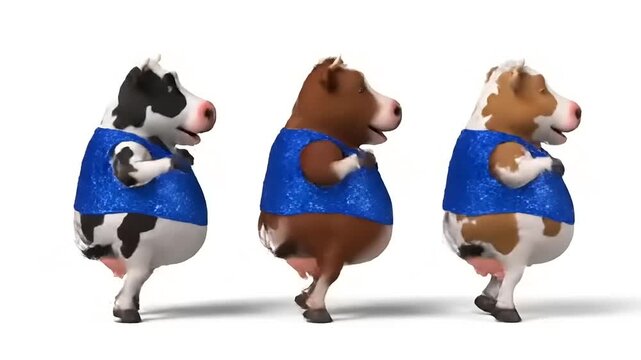 Three cartoon cows in blue vests step in unison in a dance line, against a white background. Whimsical, digital, studio shot. Isolated.